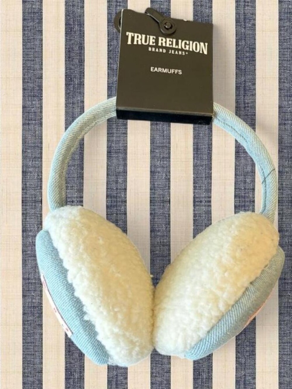 True Religion Light Blue and Cream Sherpa Earmuffs!